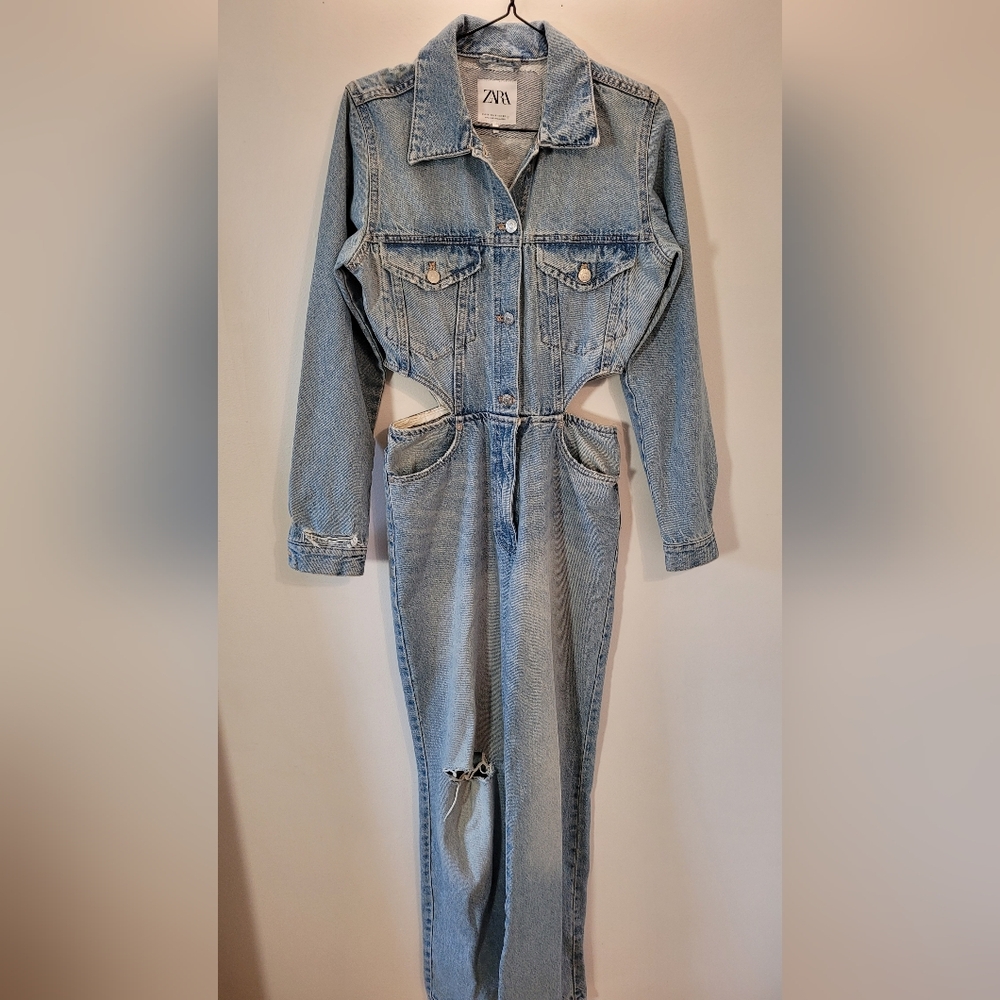 Bloggers Fav Zara Limited Edition Cut Out Side Distressed Denim Jumpsuit - S - Picture 5 of 11